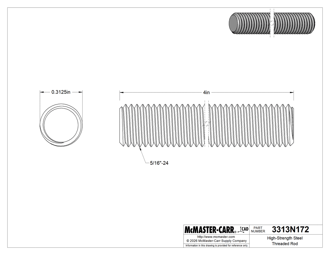 Technical Drawing of High-Strength Steel Threaded Rod, Zinc-Yellow-Chromate Plated, 5/16"-24 Thread Size, 4" Long.